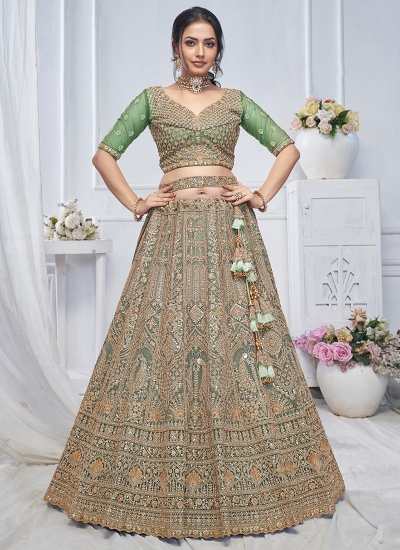 Green Net Wedding Wear Embroidery Work Lehenga Choli KF03G